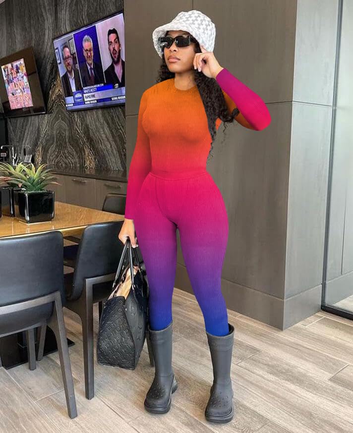 Nimsruc Two Piece Outfits For Women Casual Jogging Suits Long Sleeve Tracksuits Bodycon Crew Neck Sweatsuits Pants Sets Matching Orange Pink Purple Gradient S