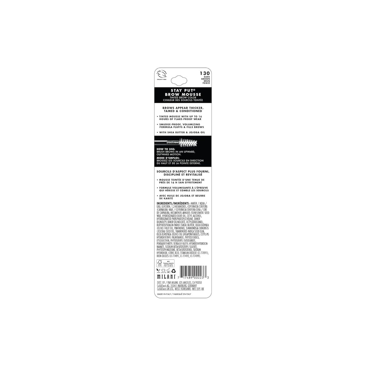 Milani Brow Tint- Stay Put Tinted Brow Mousse, Nourishing, High-Pigment infused with Shea Butter, Jojoba Seed Oil & Panthenol Vitamin B5- Dark Brown