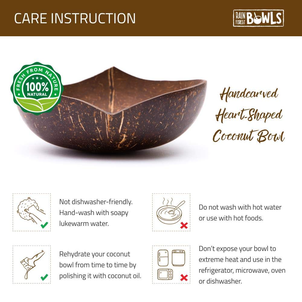 Rainforest Bowls Set of 2 Jumbo Heart Coconut Bowls, 2 Wooden Spoons & 2 Reusable Bamboo Straws - 100% Natural, Hand Carved by Artisans, Eco-Friendly & Sustainable - Smoothie/Acai/Salad Bowls