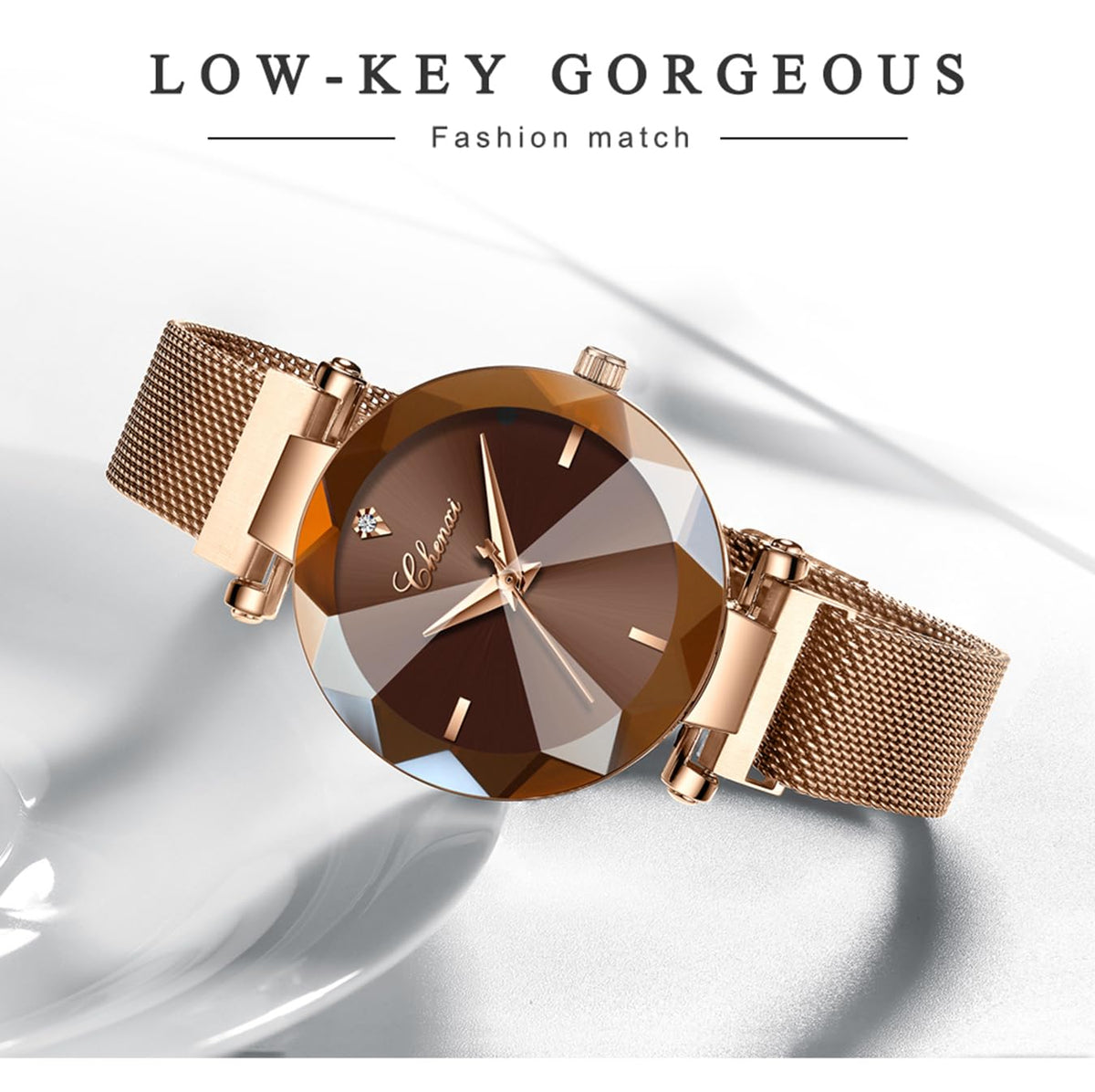 MASTOP Fashion Women Rose Gold Watch Japan Quartz Stainless Steel Magnetic Mesh Band Waterproof Ladies Watches (Brown)