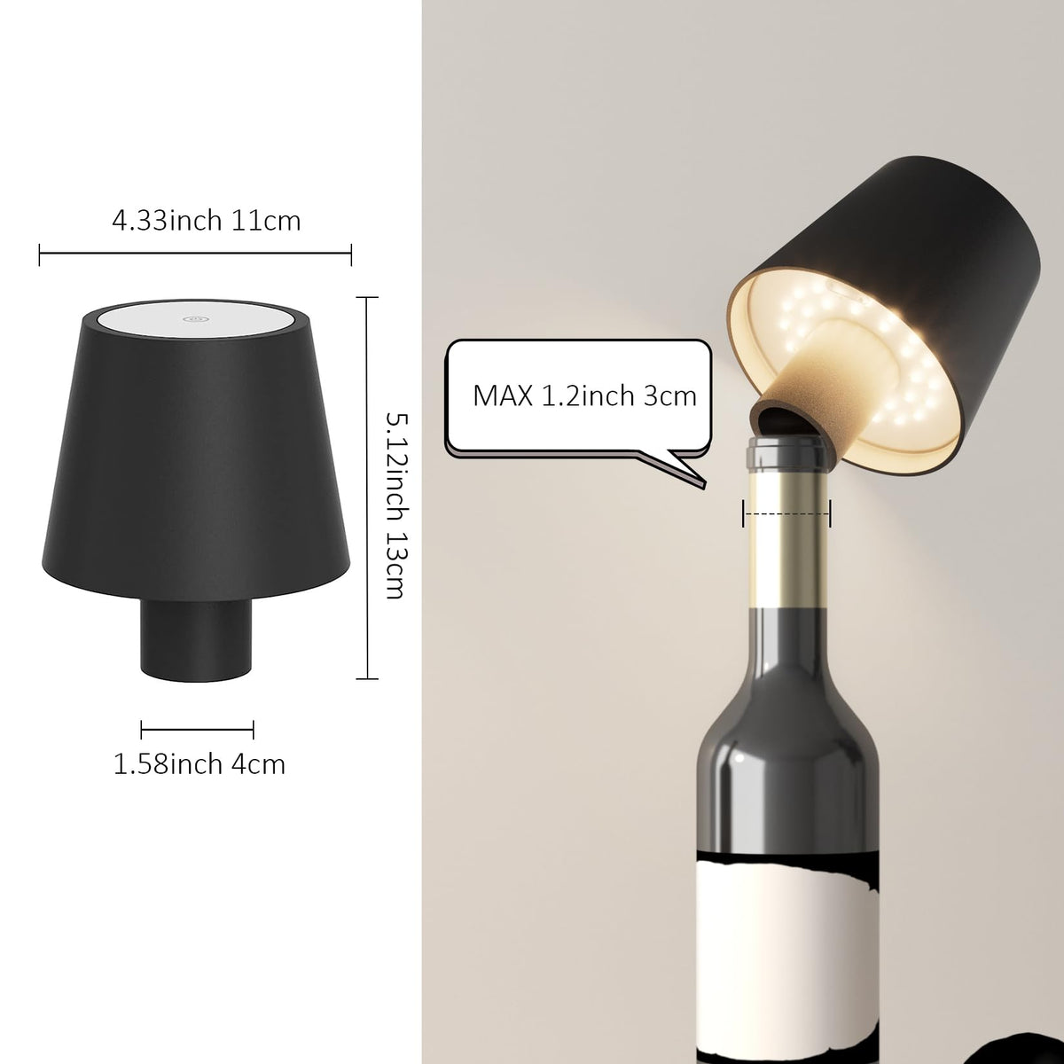 Coinmit 2 Pack LED Bottle Lamp 5500mAh Battery Portable Table Lamp Cordless IP54 Waterproof Wine Bottle Light for Outdoor Dining Bedroom Black