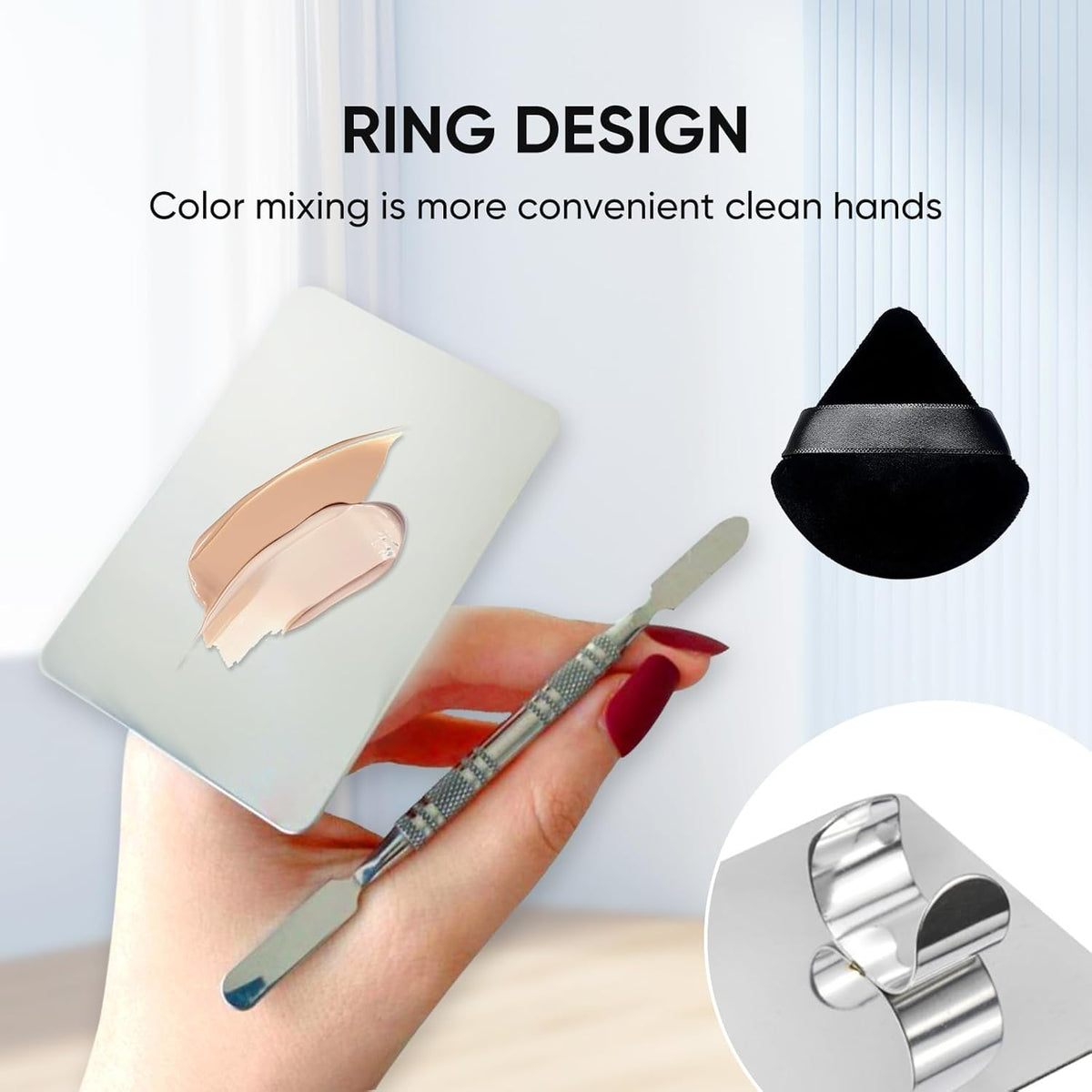 Stainless Steel Cosmetic Palette with Spatula, 3-well Mixing Makeup Palette and 3-dents Nail-art Mixer Metal Tray, also Fine Eyeliner Brush and Powder Puffs .Professional Makeup Palette with Spatula