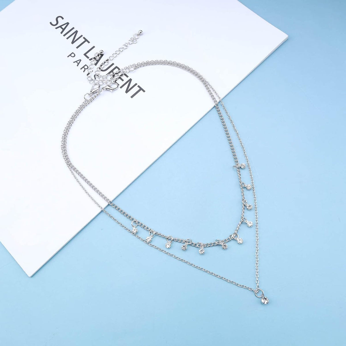 Boho Layered Silver Choker Necklace Crystal Pendant Necklace Rhinestone Tassel Choker Necklace Sparkly CZ Dangle Necklace Chain Jewelry for Women and Girls (Silver)