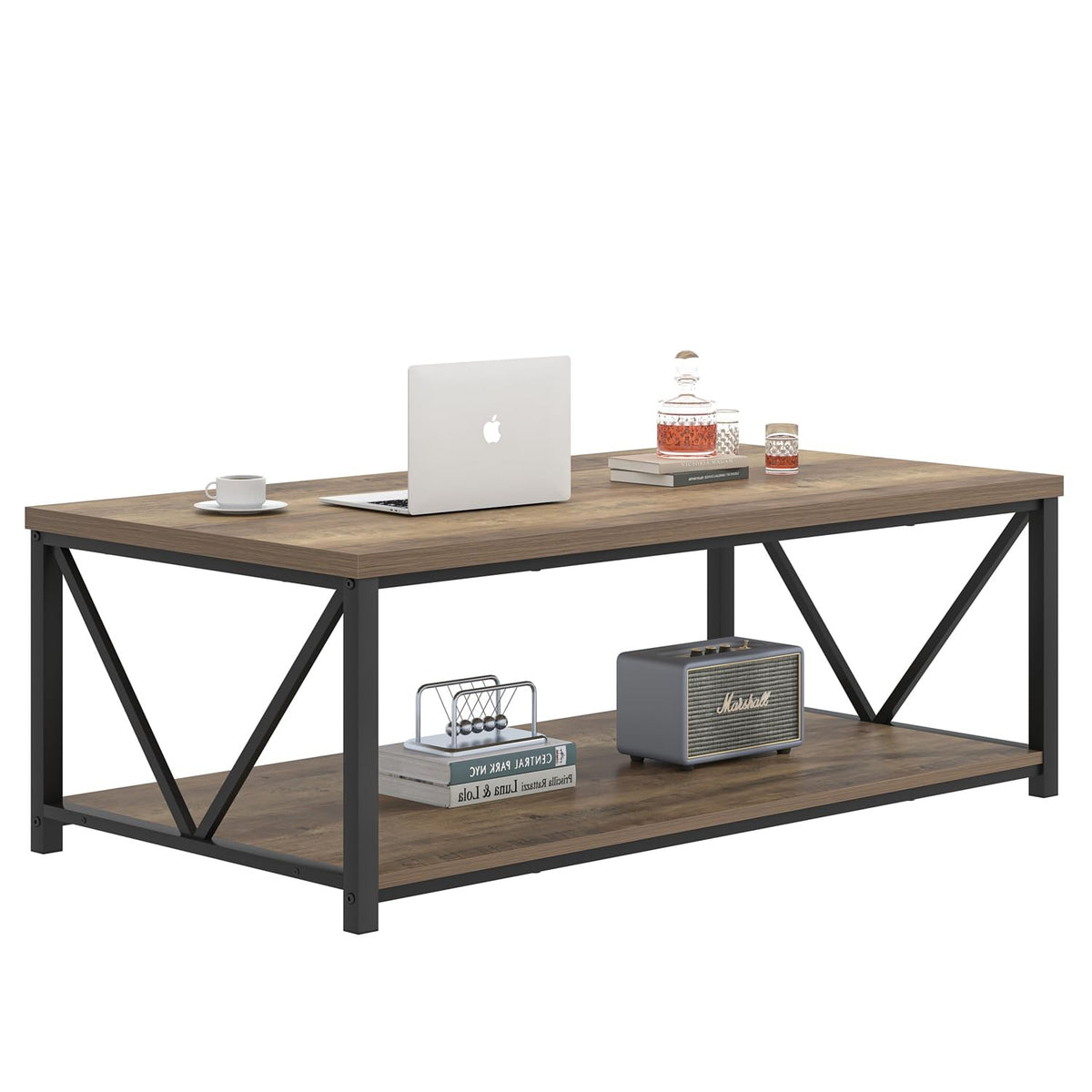 FOLUBAN Modern Coffee Table, Living Room Center Table with Storage, Wood and Metal Cocktail Table, Rustic Oak, 47 Inch