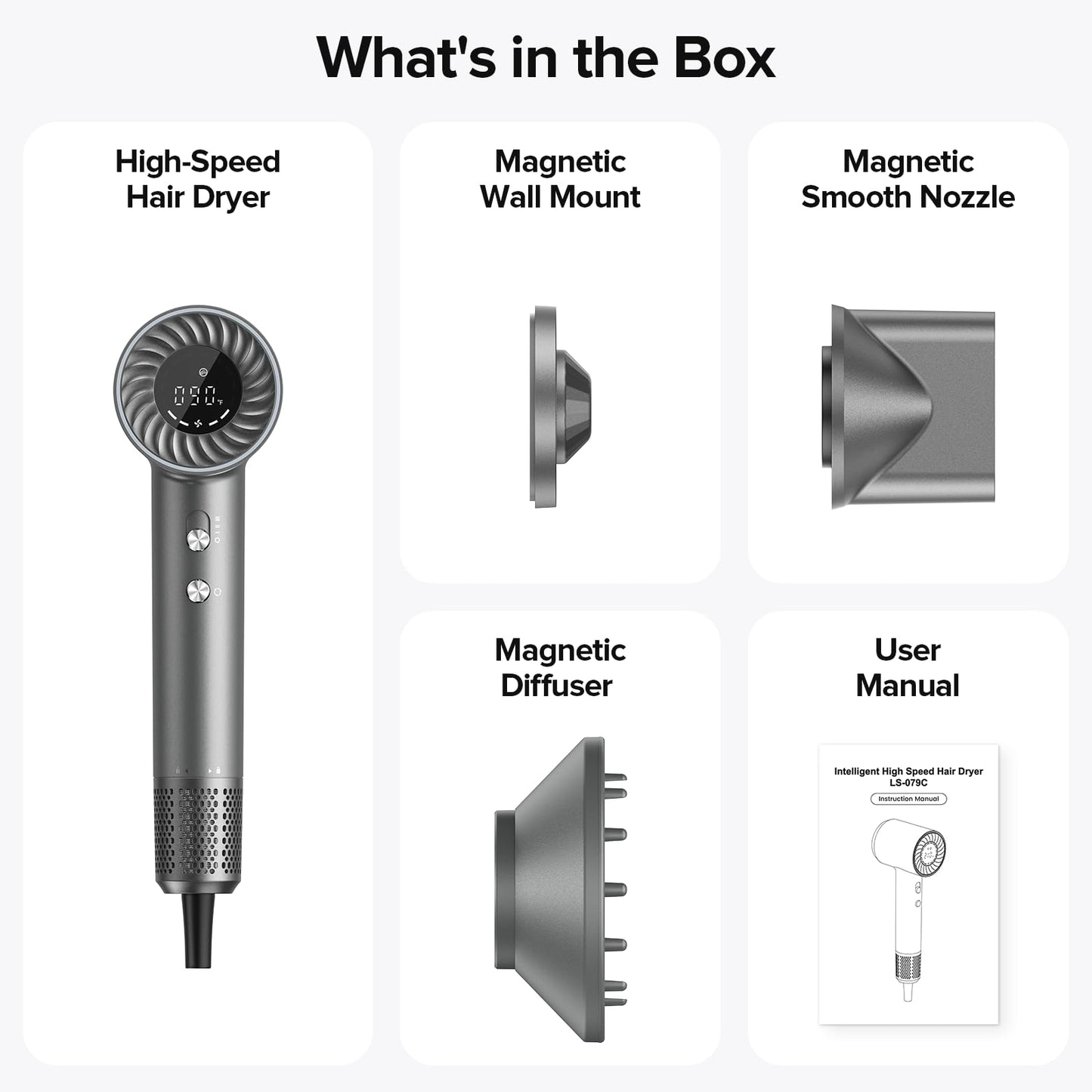 Hair Dryer, 150000 RPM Brushless Motor with 500M Negative Ions, Fast-Dry Lightweight Design, ThermoControl & Magnetic Nozzle/Diffuser, Low Noise Salon Blow Dryer for All Hair, Travel, Home