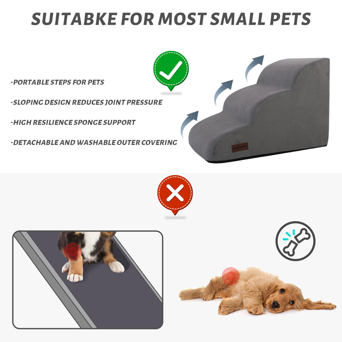 3-Step Dog Ramp and Stairs for Sofa and Chair - Non-Slip Sturdy Pet Steps for Small Dogs and Cats,15.7" H,Grey