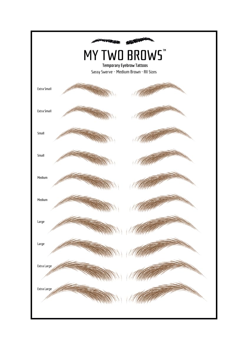 (10 pairs) Medium Brown Temporary Eyebrow Tattoo - Small Size - Waterproof & Smudgeproof - Sassy Swerve Style Eyebrow Stickers - Sheet Lasts up to 30 Days - Won't Work on Existing Brows