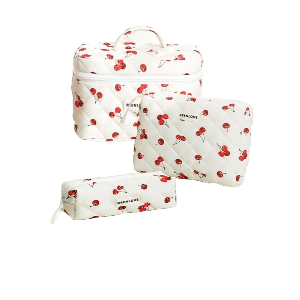 LYkotama Makeup Bag Set, Large Travel Cosmetic Bags for Women, 3pcs Cute Floral Makeup Bags, Cotton Quilted Toiletry Organizer Bag, Women's Emergency Bag (Red)