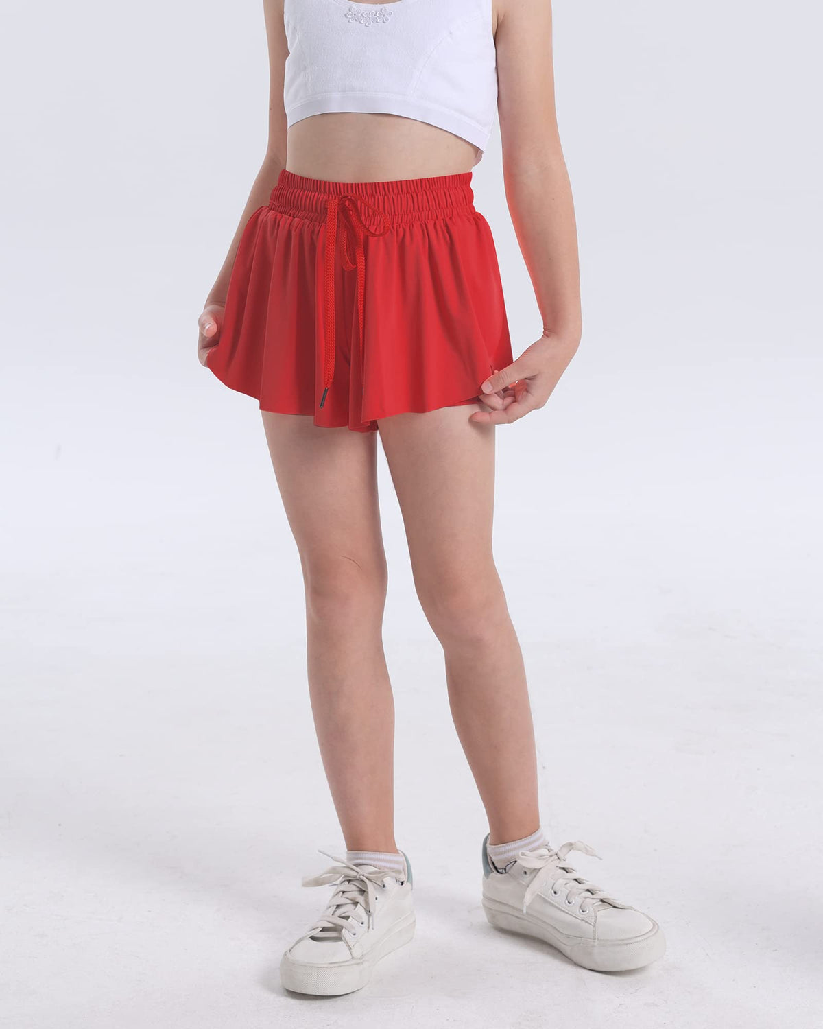 KEREDA Girls Flowy Shorts,Butterfly Shorts for Teen Girls with Spandex Liner 2-in-1 for Running,Gym,Athletic,Workout 1 Pack 11-12Y (Red)