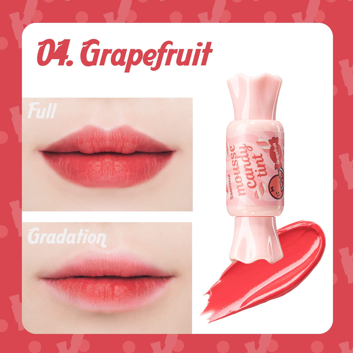 THESAEM Saemmul Mousse Candy Tint #4 Grapefruit Mousse - High Pigment Matte Finish Long Lasting Lip Stain with Honey Extracts to Hydrate Lips - Weightless & Smudge-Proof, 0.3 fl.oz.