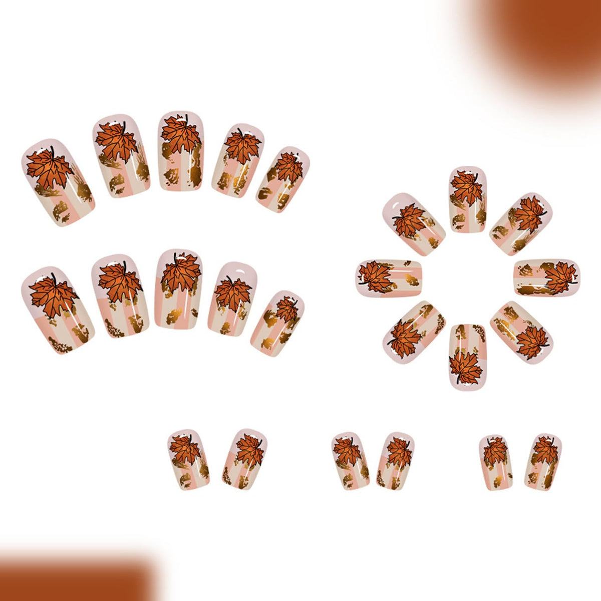 Gold Foil Maple Leaf Press on Nails Medium Square Fall Maple Leaves Fake Nails Glossy Thanksgiving Acrylic Glue on Nail Autumn Stripe Stick on Nail for Women DIY Manicure