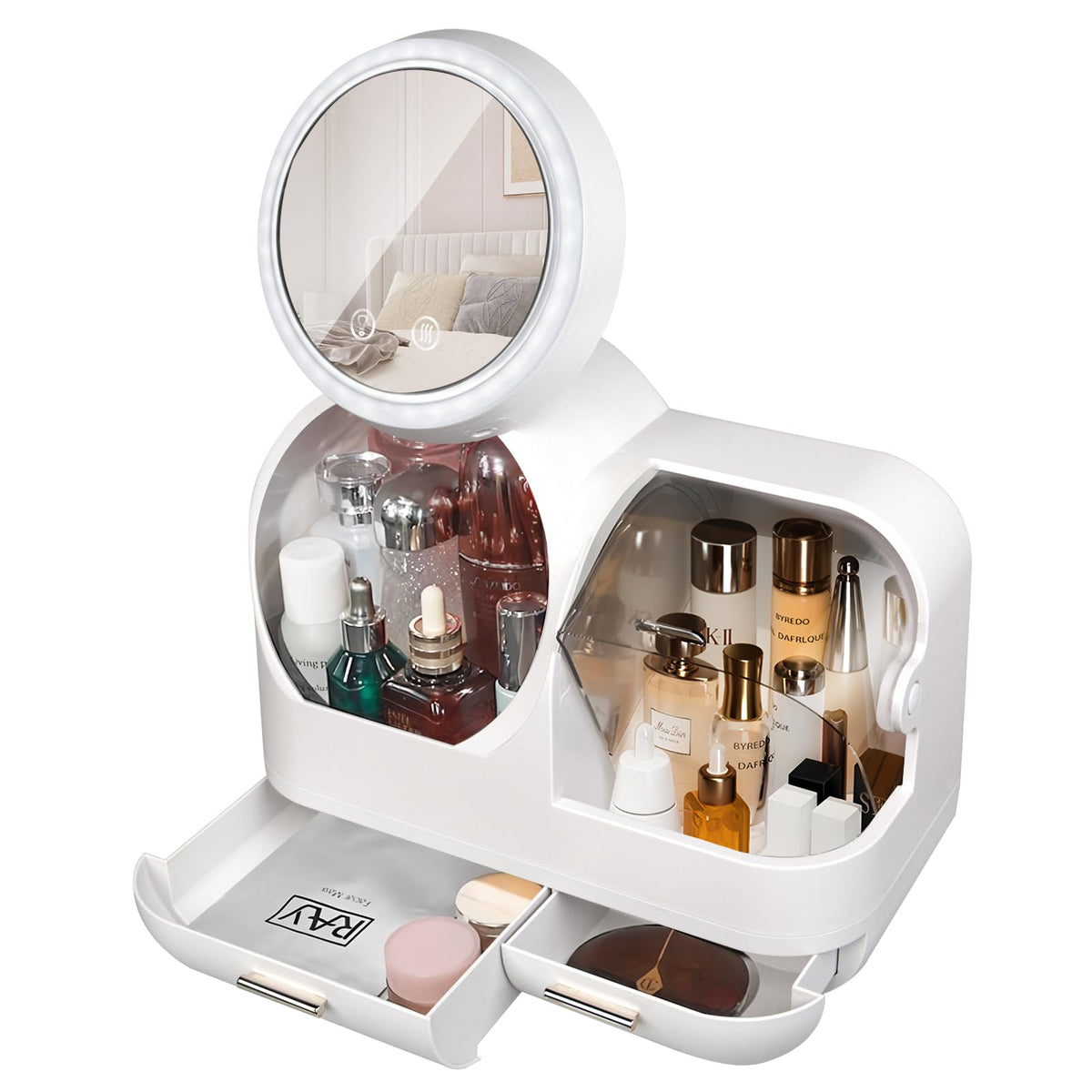 Generic Cosmetic Display Cases Skin Care Organizer Makeup Storage Organizer Box with Mirror Cosmetic Display Case with Touch Screen LED Light Anti Dust and Waterproof Skin Care Organizer White