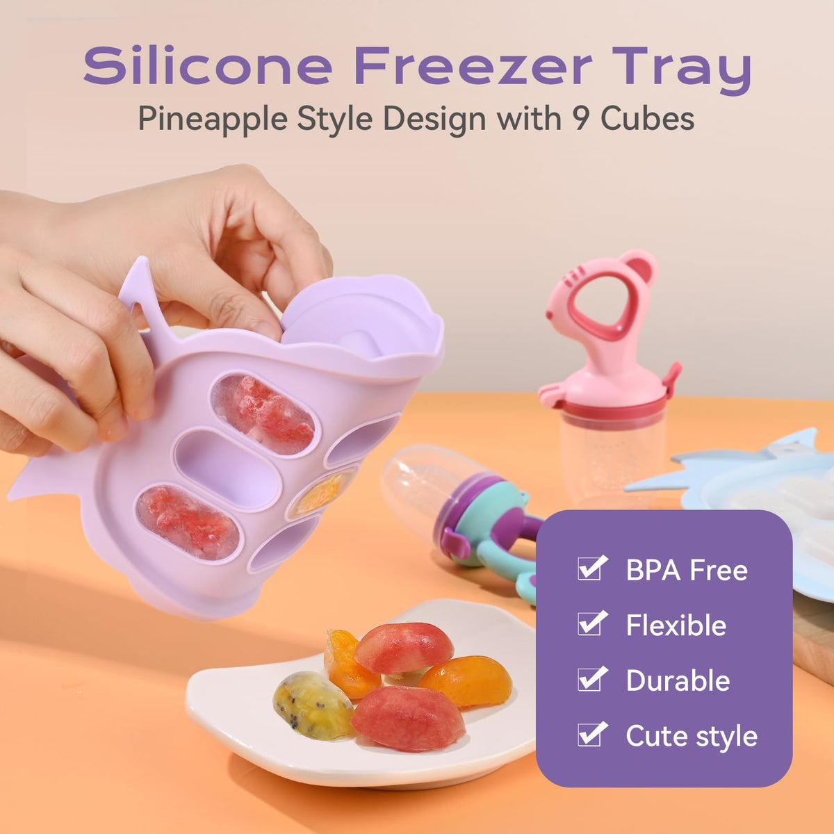 Baby Fruit Feeder & Baby Breastmilk Popsicle Molds, Baby Food Freezer Tray Storage Containers, Silicone Pacifier Feeder and Teether, Includes 6 Extra Food Pacifier