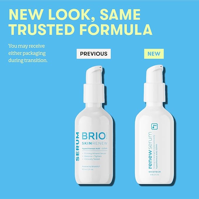 BRIOTECH Renew Serum, Hypochlorous Acid Mineral Gel, Soften Fine Line Appearance, Smooth Skin for Face, Neck, Chest, Spot Corrector, Soothe Redness, Vegan, 2 fl oz (4 Pack)