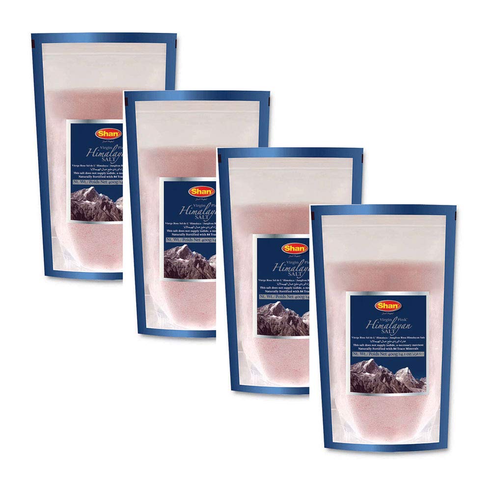 Shan - Himalayan Pink Salt, 14 oz / 400g (Pack of 4), Pure Fine Salt Naturally Fortified with 84 Trace Minerals