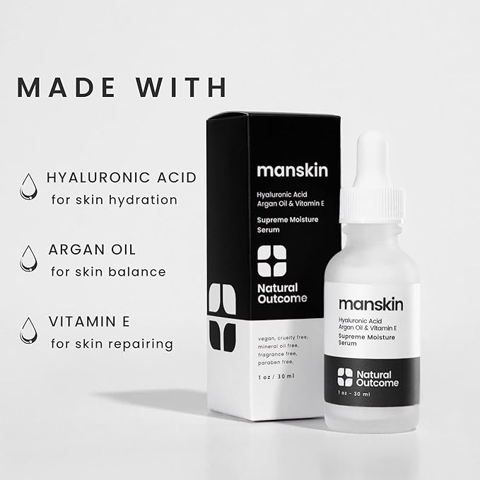 Natural Outcome Man Skin Supreme Moisture Serum Mens I Mens Anti-Aging Day & Night Facial Serum I Advanced Moisture Serum with Hyaluronic Acid, Argan Oil & Vitamin E