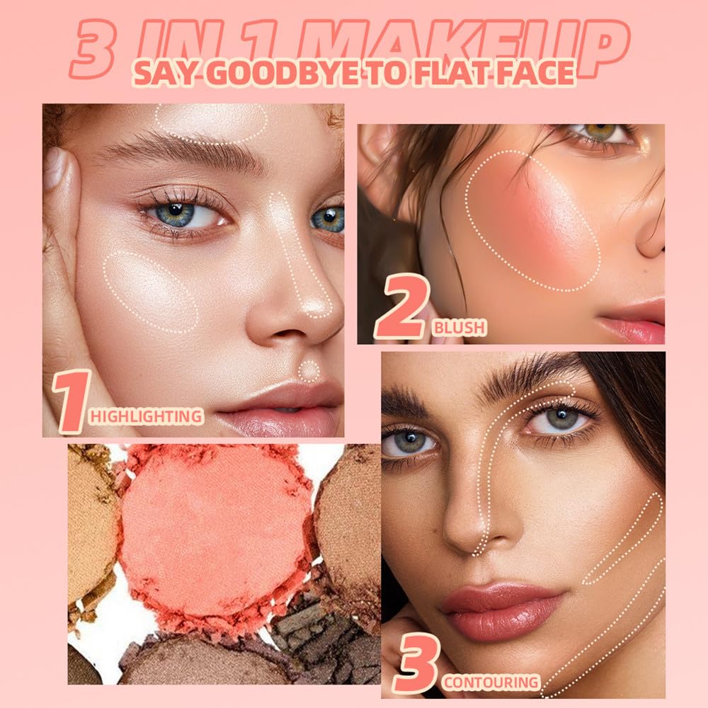 Contour and Highlight Blush Makeup Palette, Cream Bronzer, Silky Smooth Powder Blush, Shimmer Highlighter Makeup Powder, 3-in-1 Mixable Three-Piece Eyeshadow Palette with Mirror (01#)