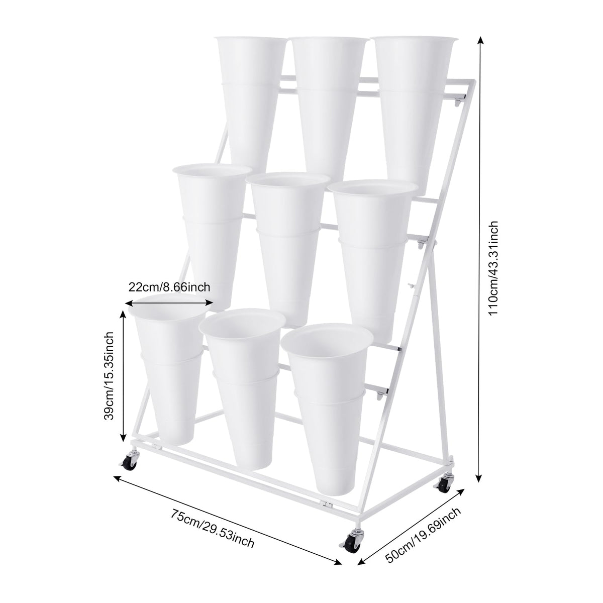 HuaShuani Flower Display Stand with 9 Buckets, 3 Tiers Metal Mobile Florist Bouquet Stand Flower Cart with 4 Wheels for Indoor Outdoor Patio Garden, Living Room, Florist