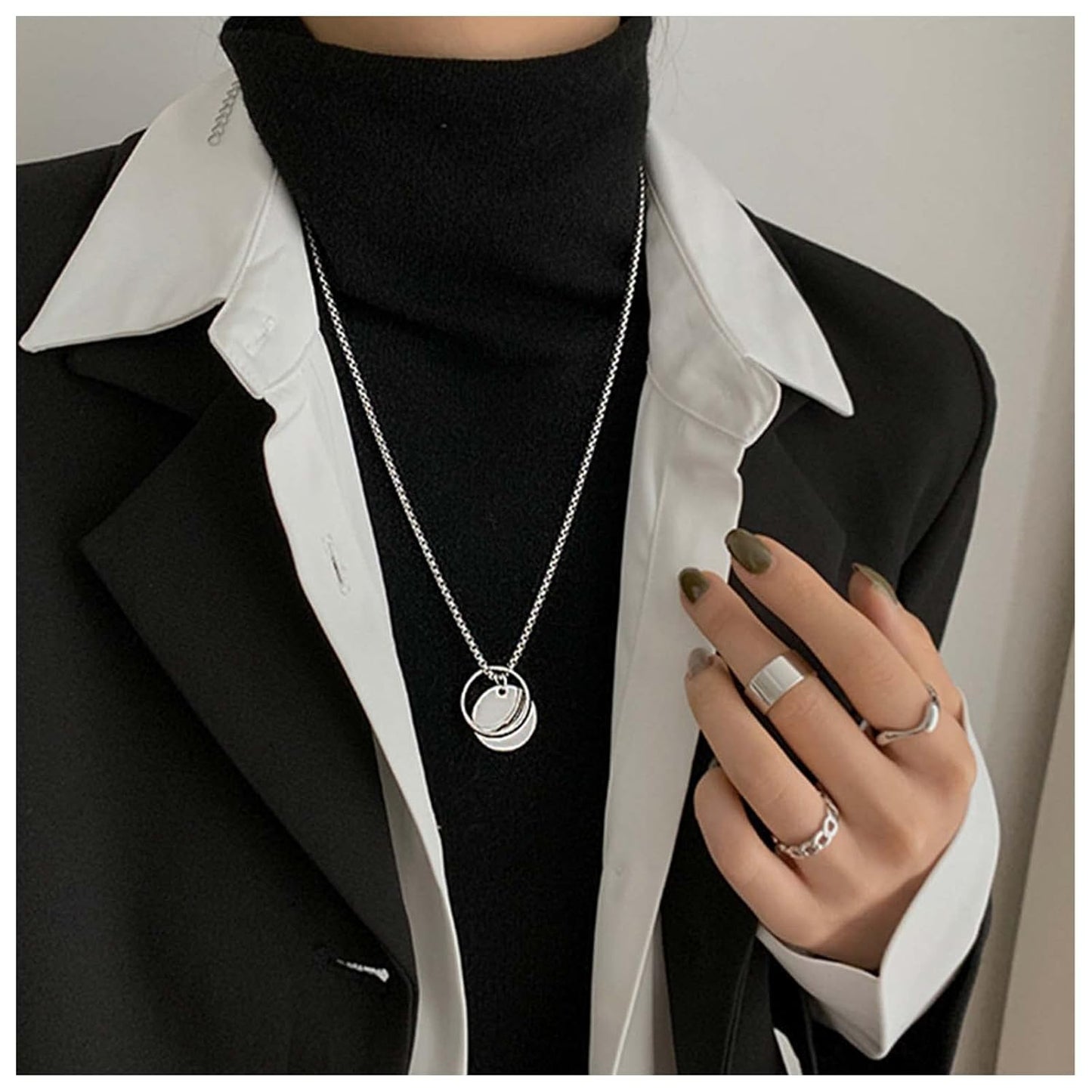 Punk Circle Choker Necklace Coin Disc Pendant Necklace Hiphop Open Circle Necklace Long Silver Hollow Circle Necklace Jewelry for Women and Girls