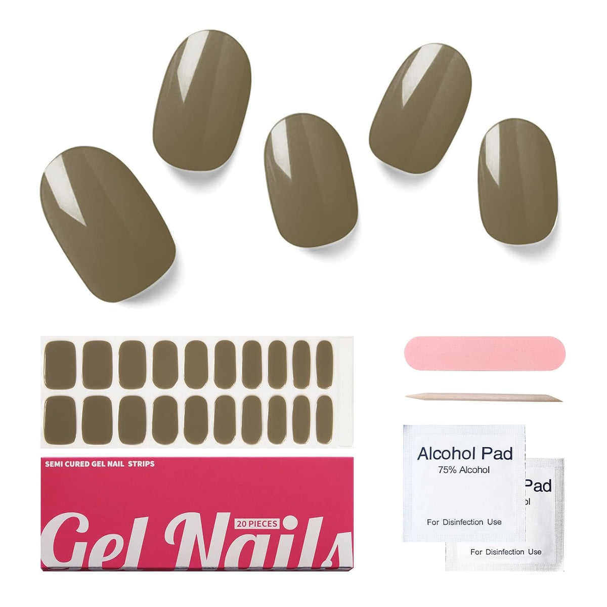 Semi Cured Gel Nail Strips, 20 PCS Gel Nail Stickers Work with UV Light, Gel Nail Wraps, Salon Quality & Easy to Use - Moss Green