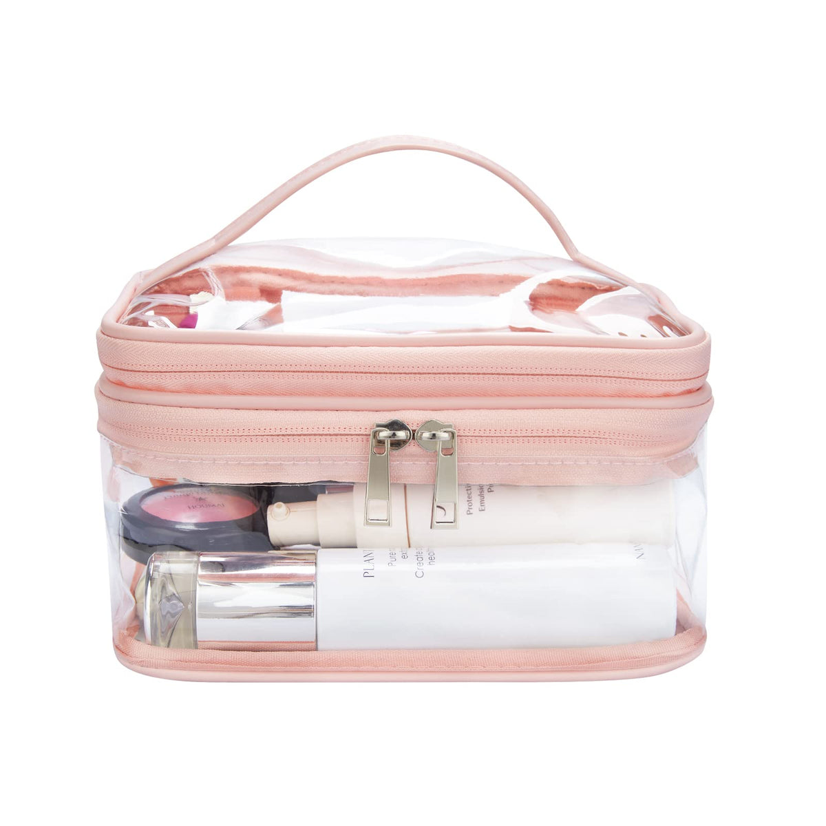 HAOGUAGUA Double Layer Clear Cosmetic Bag Makeup Bag, Waterproof Travel Toiletry Bag, Transparent PVC Hair & Nail Accessories Pouch Beach Bag Organizer (Black)