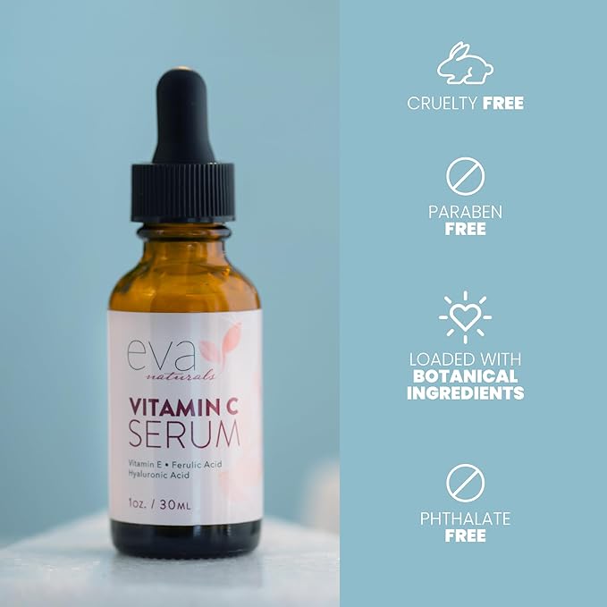 Eva Naturals Vitamin C Serum for Face - 20% Vit C with Hyaluronic Acid, Ferulic Acid & Vitamin E - Facial Serum for Dark Spots, Acne, Anti Aging, Glow & Even Skin Tone, 1 oz (Pack of 2)