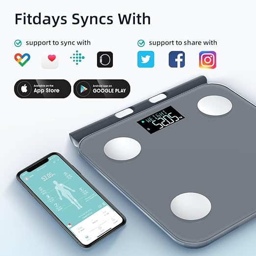 Fitdays Smart Body Fat Scale | Advanced 8-Electrode Technology for BMI/20+ Body Metrics | Full-Color LED & High Precision | Bathroom Weight Scale for Fitness/Weight Loss |(FG2211LB-GREY)