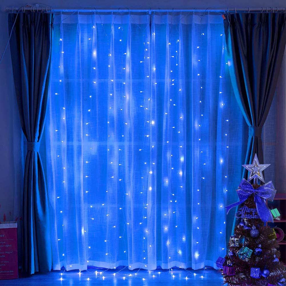 HEYFUNi Curtain Lights,304L 9.8ftX9.8ft 30V 8Modes Safety Window Lights with Memory for Home Wedding Christmas Party Patio Lawn Garden Bedroom Outdoor Indoor Wall Decorations (304LED, Blue) 1