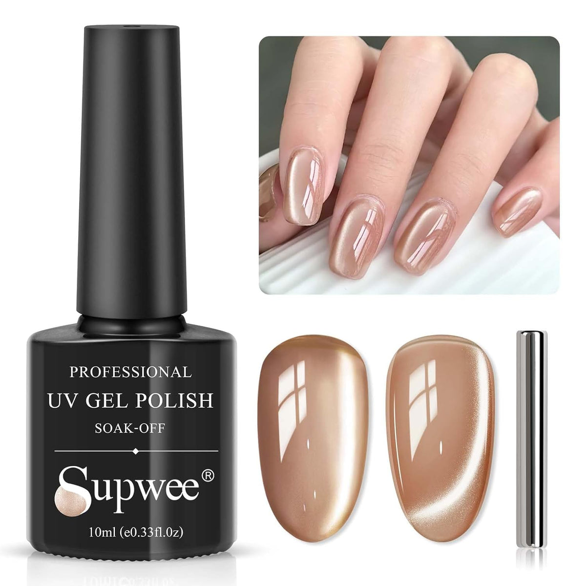 Moonlight Cat Eye Gel Nail Polish 10ml Silk Magnetic Nail Polish Glass Cateye Gel Polish with Magnetic Stick Soak Off UV LED Nail Lamp Nail Art Manicure Salon Home DIY 002, Milky Coffee