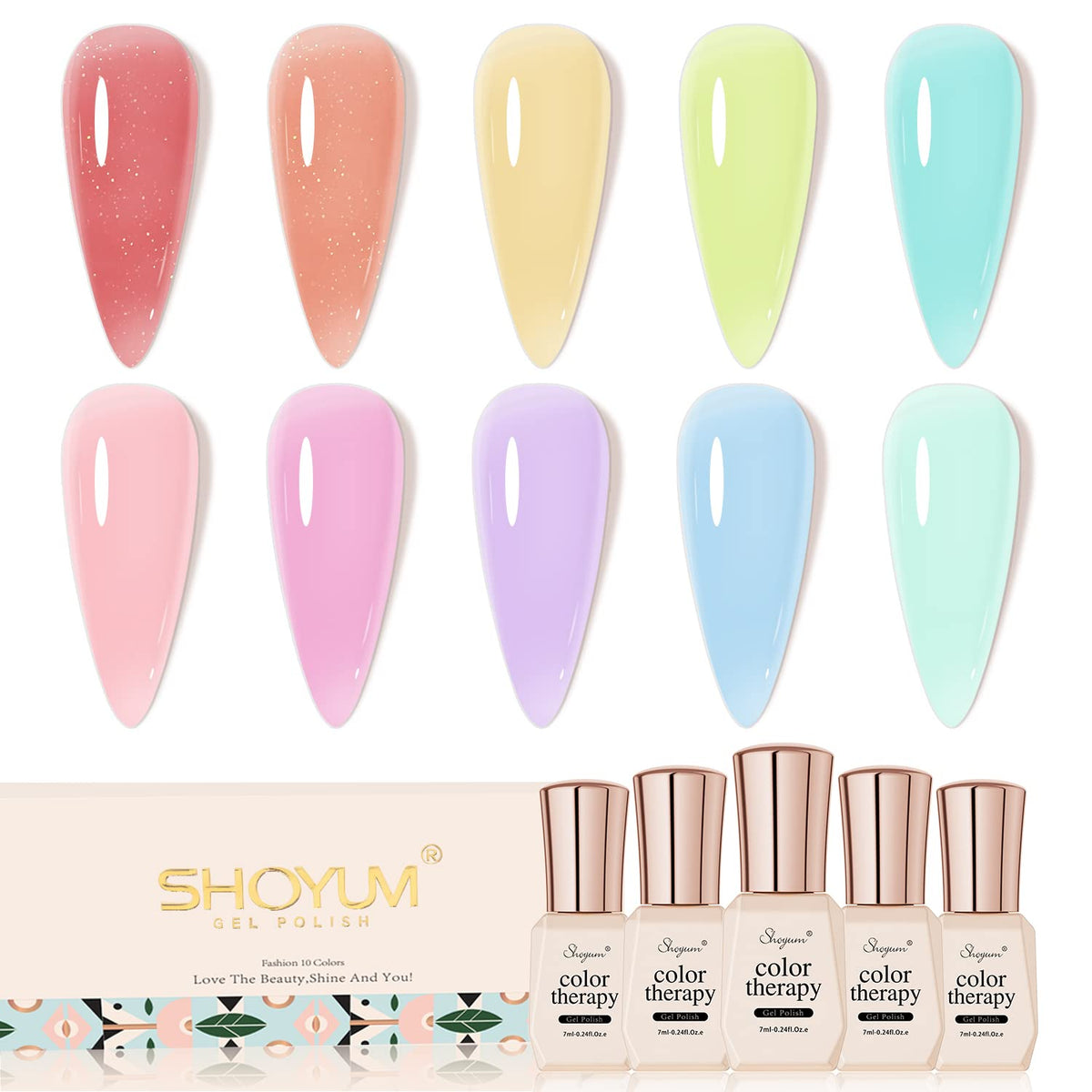 Jelly-Pastel Gel Nail Polish Set - 10 Pcs Pink Nude Gel Polish Set with Summer Yellow Blue Colors - DIY Soak Off Nail Lamp - Easter Decoration Gifts for Women - Manicure Kit