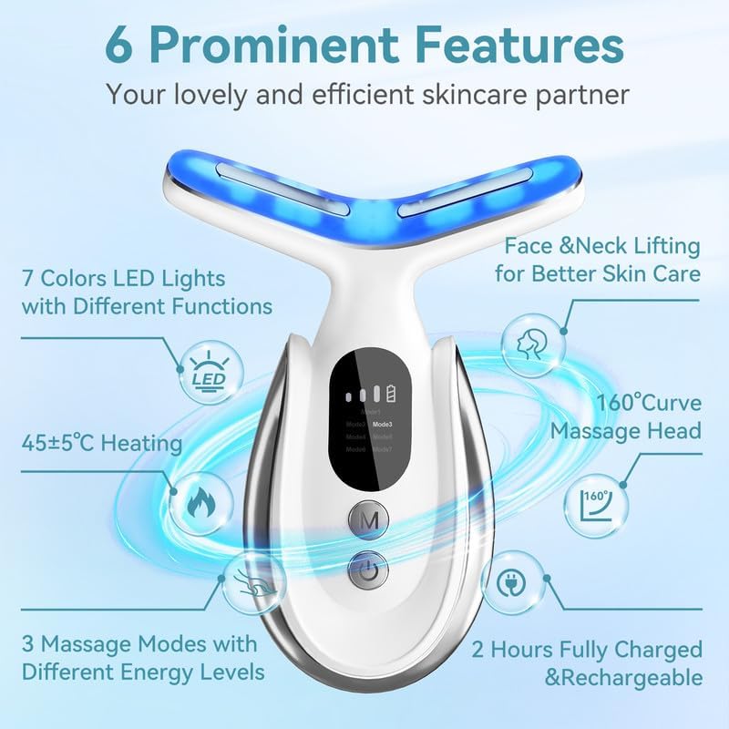 Neck Face Massager, 7-in-1 Portable Facial Massager for Enhanced Face, Neck and Shoulder Care with Vibrating and Warming Function，White