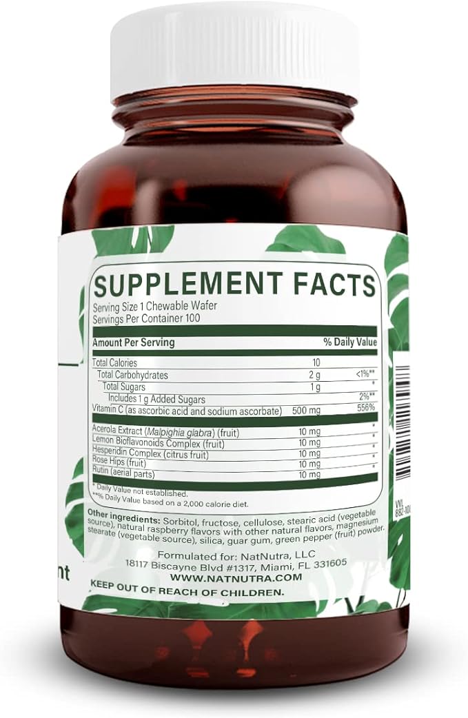 Natural Nutra Vitamin C Supplement for Kids and Adults, Immune Booster, Helps Supports Bone Health, Protect Skin and Heart Health, Improve Skin Texture, Vegetable Source, 500 mg, 100 Vegan Wafers