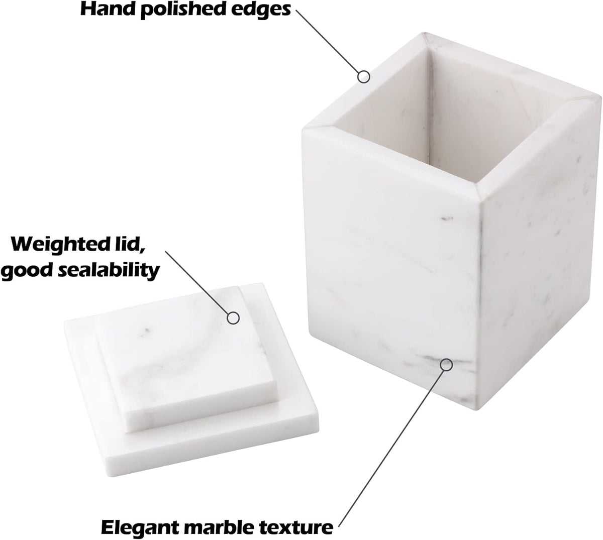 WORHE Marble Canister Natural Stone Qtip Holder with Lid Square Bathroom Vanity Organizer for Makeup Sponge Coffee Bean Dispenser Storage Jar Case for Home Decor White (DLW201)