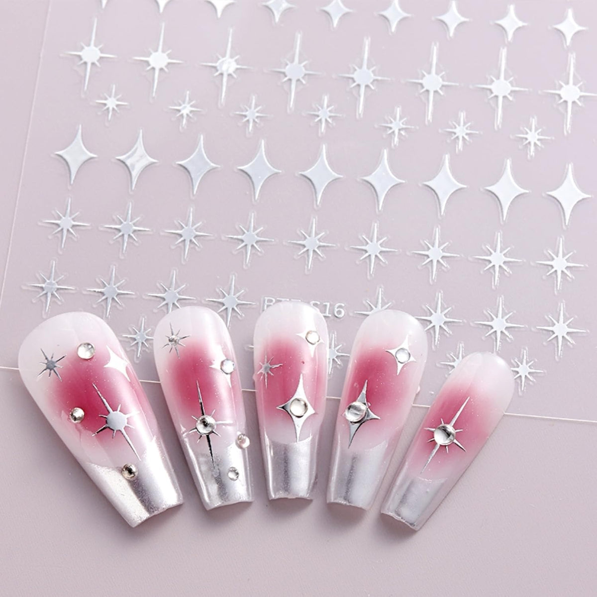 3D Self-Adhesive Star Nail Art Stickers - 12 Sheets Silver Gold Black White Decals for Acrylic Nails - Nail Design Supplies for Women Girls
