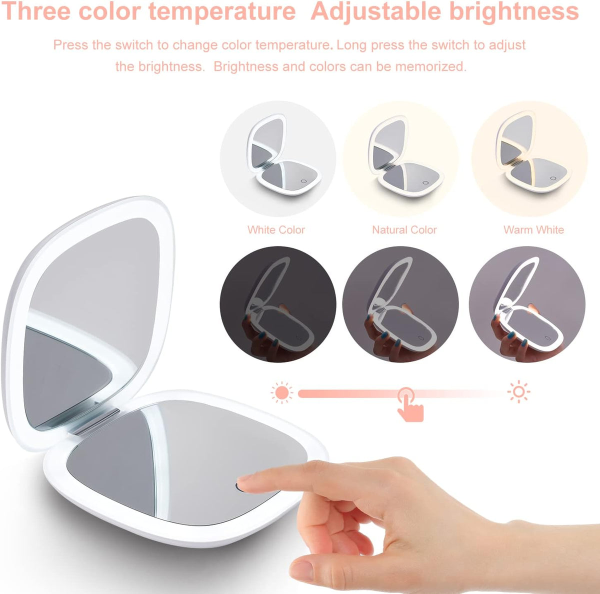Compact LED Magnifying Travel Makeup-Mirror - 4 inches 1X/10X Magnification Small Hand Pocket Dimmable Double Sided USB Rechargeable Touch Screen, Portable Tabletop Cosmetic (White)
