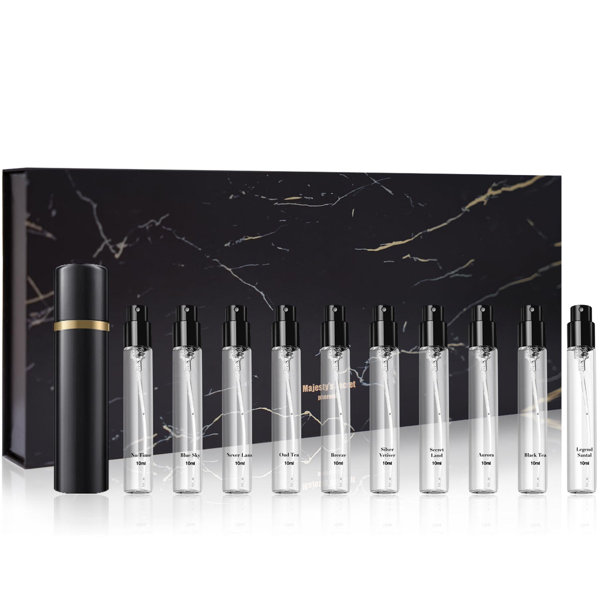 MAJESTY'S SECRET PHEROMAX Men's Cologne Eau de Parfum Sampler Set (10 x 0.34 fl oz) – Mini Travel Perfumes with Magnetic Caps & Gift Bag – 10 Long-Lasting Scents for Gifting & Daily Wear