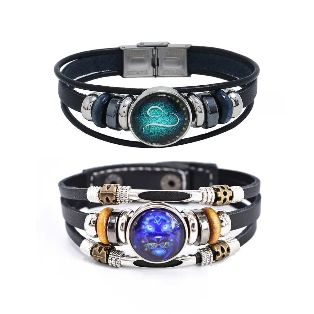 Zodiac Constellation Leo Bracelet Handmade Woven Multilayer Zodiac Sign Leather Wrap Bracelet Wristband for Women Men Jewelry Gift 2Pcs Set