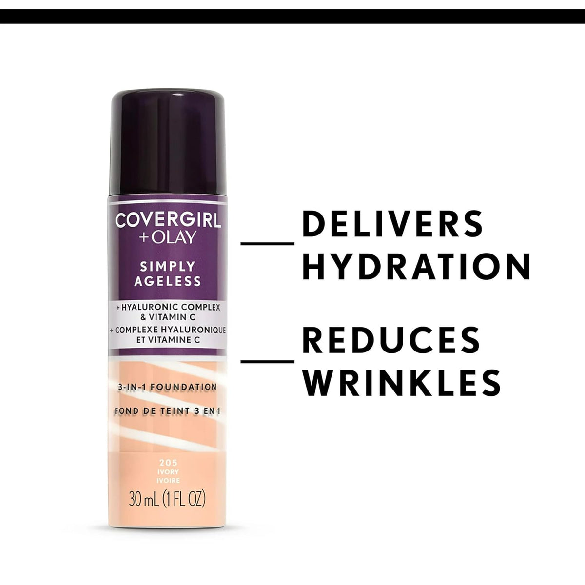 CoverGirl & Olay Simply Ageless 3-in-1 Liquid Foundation, Matte Finish, Hyaluronic & Vitamin C Formula, Golden Beige, 1 Count