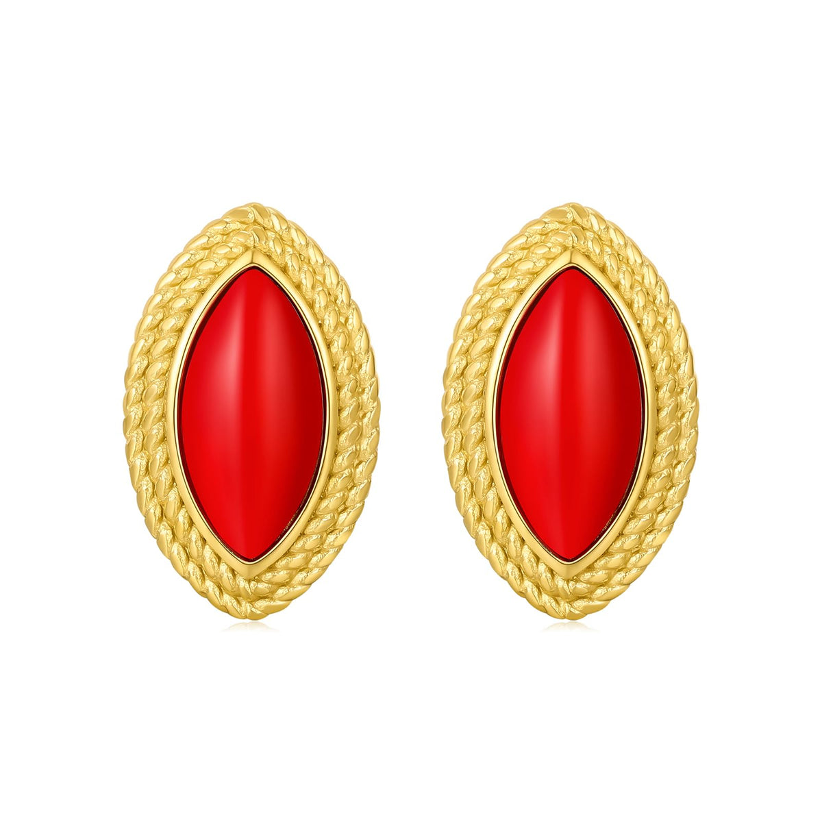 Vintage Earrings Gold Chunky Oval Stud Red and Gold Stud 18K Gold Textured Statement Earrings for Women
