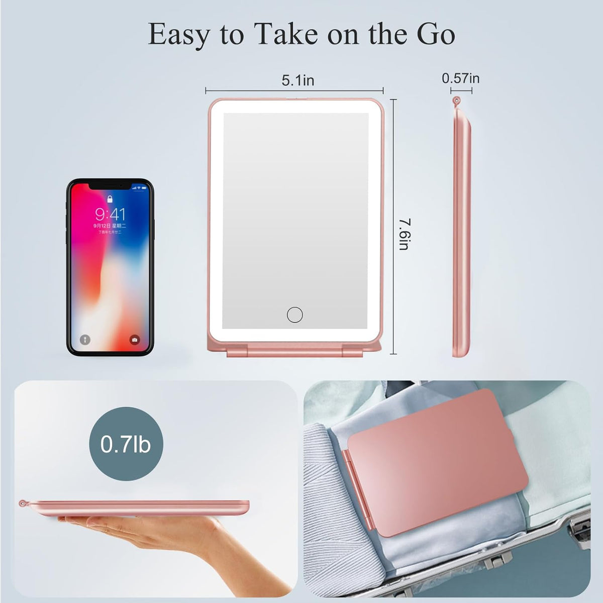 FUNTOUCH Rechargeable Travel Makeup Mirror with 72 Led Lights, Portable Lighted Beauty Mirror, 3 Color Lighting, Dimmable Touch Screen, Tabletop LED Folding Cosmetic Vanity Mirror