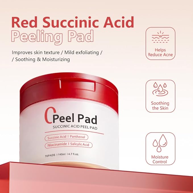 Succinic Acid Peel Pads 2.0, Dual-Textured Facial Toner Pads with AHA/BHA,Gentle Exfoliating Toner 𝐏ad- 70 Count (Red)