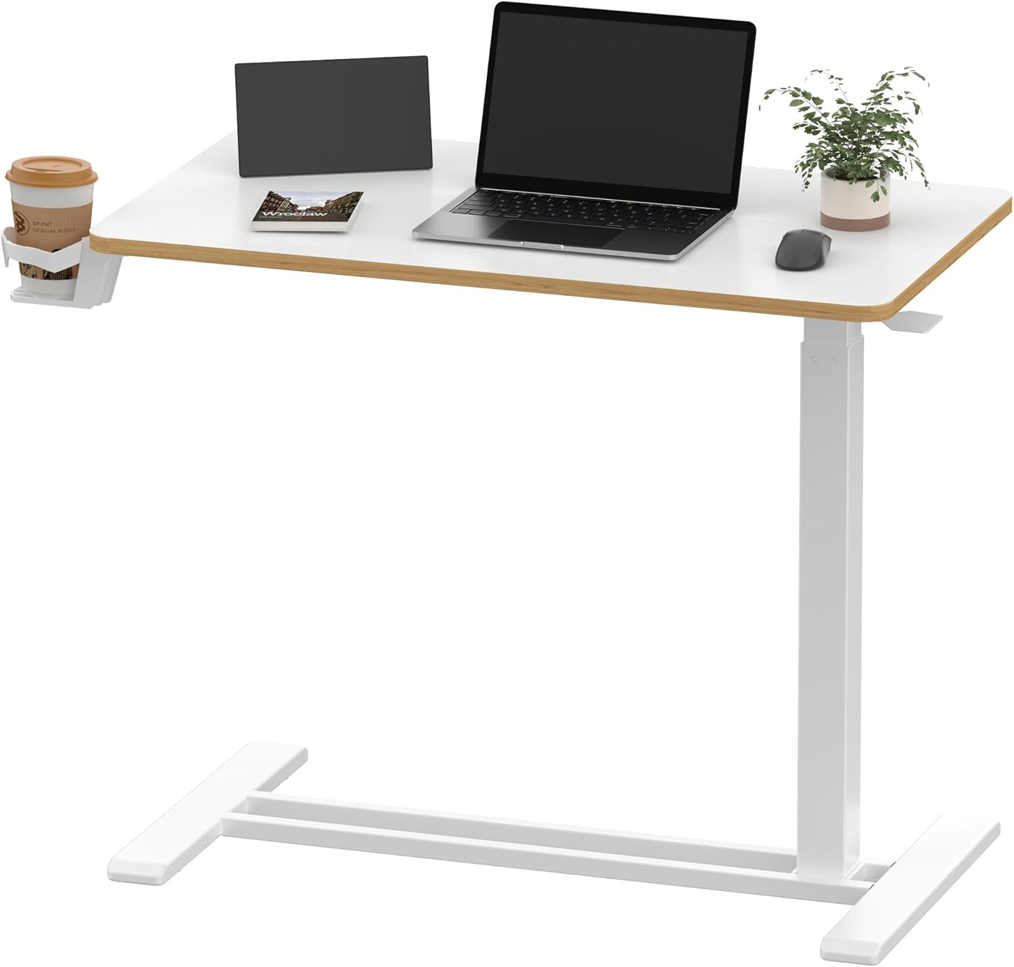 SANODESK Medical Adjustable Overbed Bedside Table with Hidden Casters, Pneumatic Mobile Laptop Computer Standing Desk Cart with Tray, Hospital and Home Use(31.5" W x 17.7" D, White)
