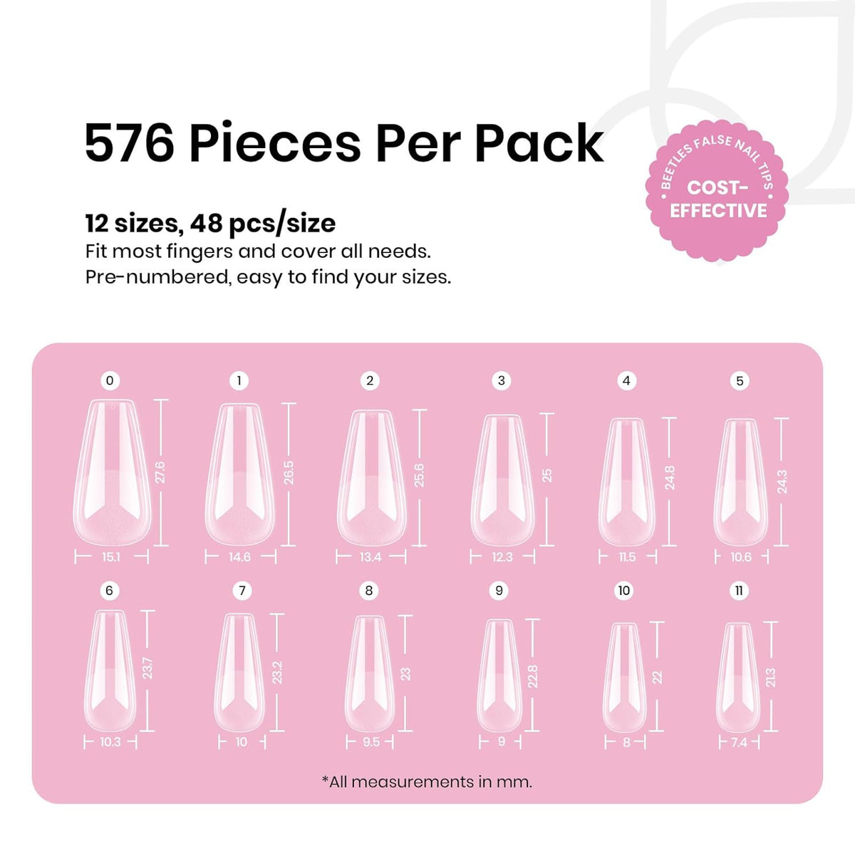 Beetles Gel Nail Tips Medium Coffin 576PCS Etch X Nail Tips, 12 Sizes Pre Shaped Half Matte Press On Nails Full Cover False Nails Acrylic Nails Glue on Nails Extensions Set for Women Home DIY