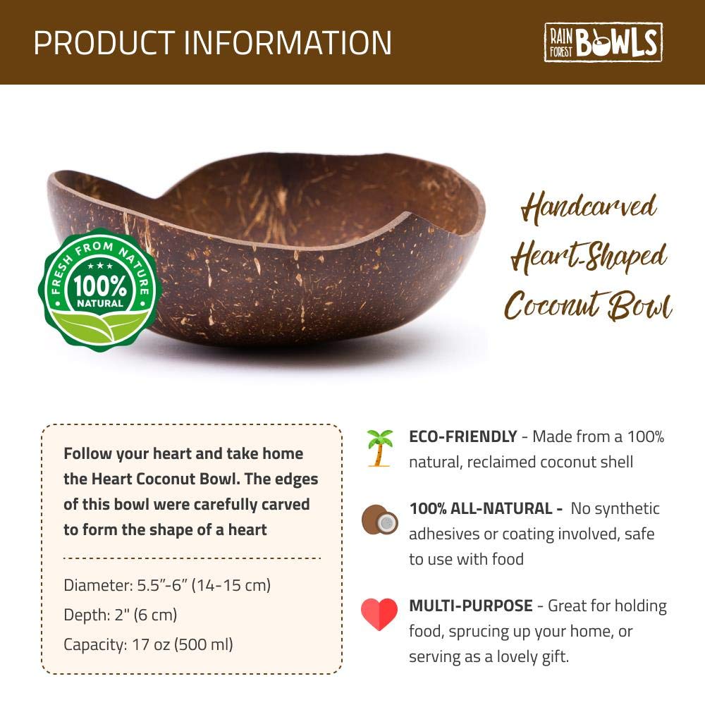 Rainforest Bowls Set of 2 Jumbo Heart Coconut Bowls, 2 Wooden Spoons & 2 Reusable Bamboo Straws - 100% Natural, Hand Carved by Artisans, Eco-Friendly & Sustainable - Smoothie/Acai/Salad Bowls