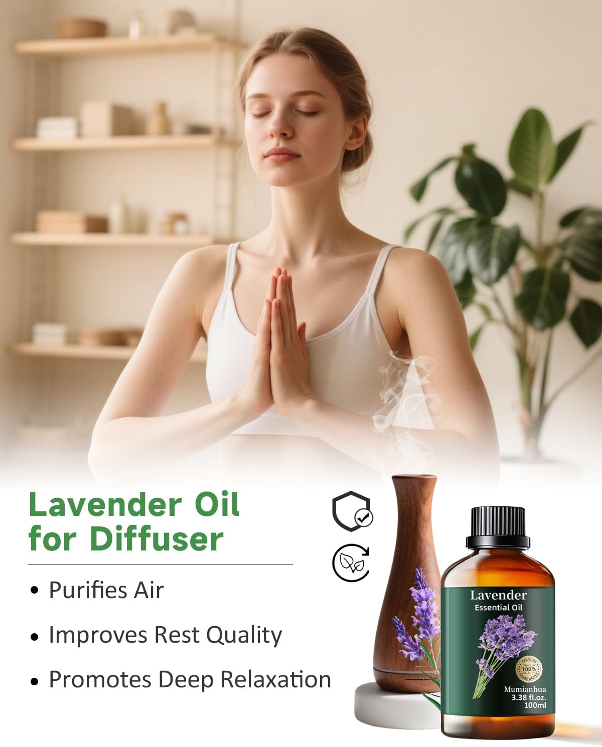 Mumianhua Lavender Essential Oil 100% Pure - Therapeutic Grade Natural Lavender Oil Bulk for Aromatherapy Diffuser, Humidifier, Laundry, Skin & Hair Care, Candle Making,Relaxation 3.38 Fl Oz