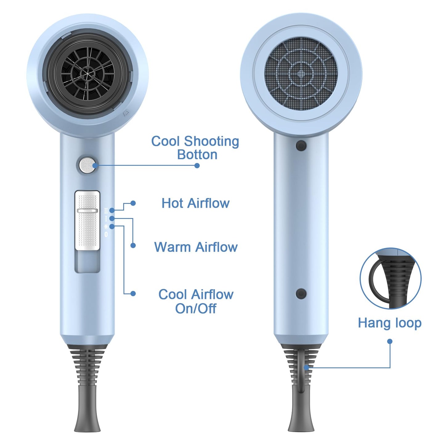slopehill Professional Ionic Hair Dryer, Powerful 1800W Fast Drying Low Noise Blow Dryer with 2 Concentrator Nozzle 1 Diffuser Attachments for Home Salon Travel (Matte Blue)