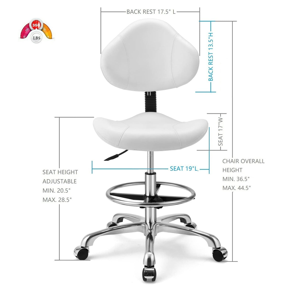 Kaleurrier Ergonomic Drafting Chair with Back Support,Multi-Functional Height Adjustable Swivel Rolling Stool,Multi-Purpose Home Office Desk Chair (White)