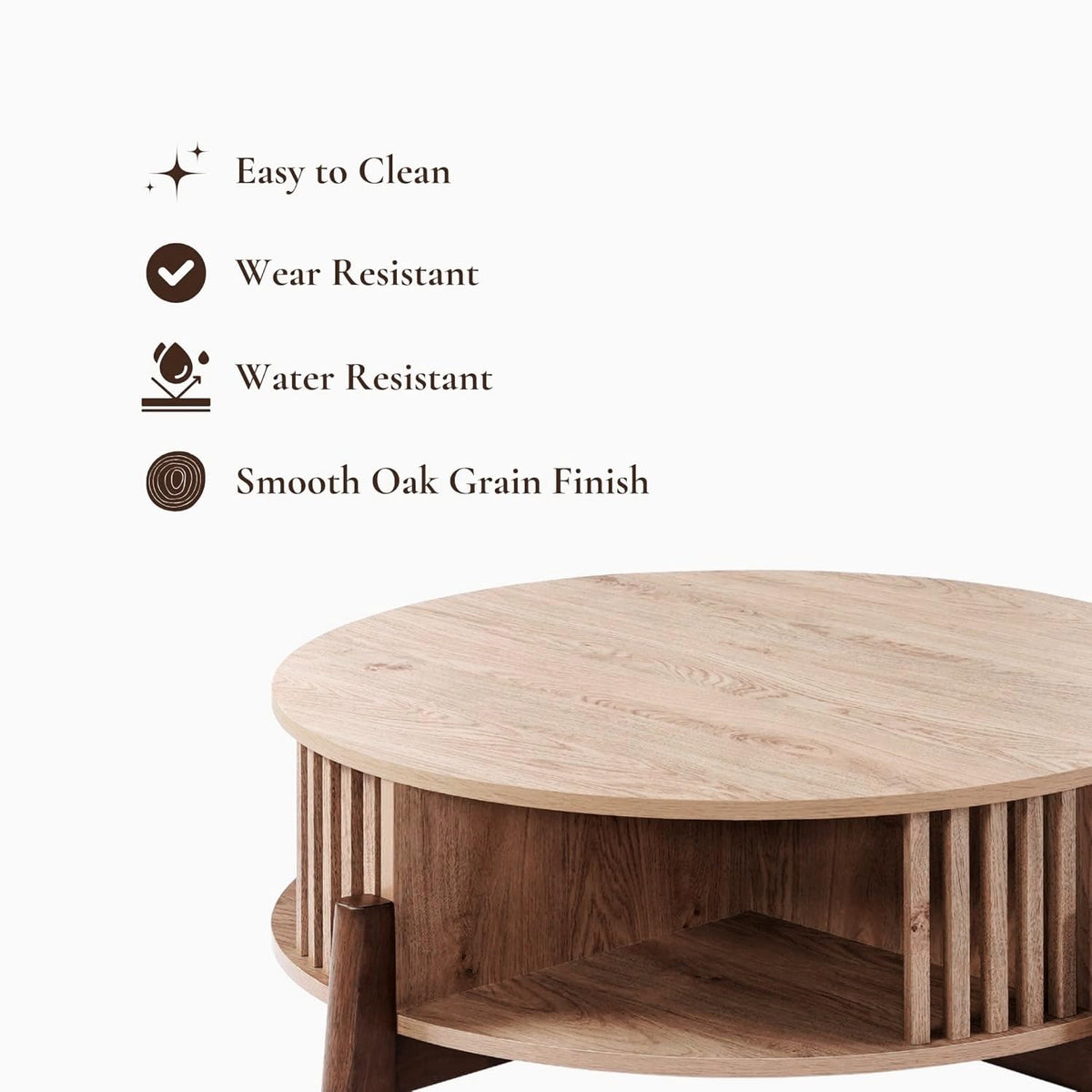 LuxenHome Round Coffee Table with Storage, 31.5" Oak Finish Wood Accent Tables with Wood Legs, Boho Center Table for Living Room, Wooden Circle Coffee Table with Open Storage for Home Office