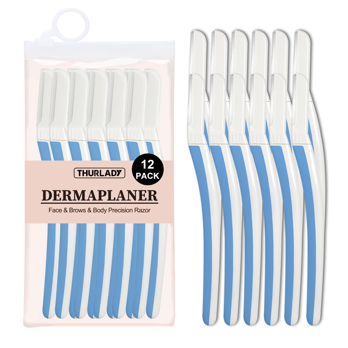 THURLADY Face Razors for Women Dermaplaning, Dermaplane Razor for Women Face, Eyebrow & Facial Razors, Peach Fuzz Remover, Gentle Exfoliating Microblades, for Sensitive Skin (Pack of 12, Aegean Frost)