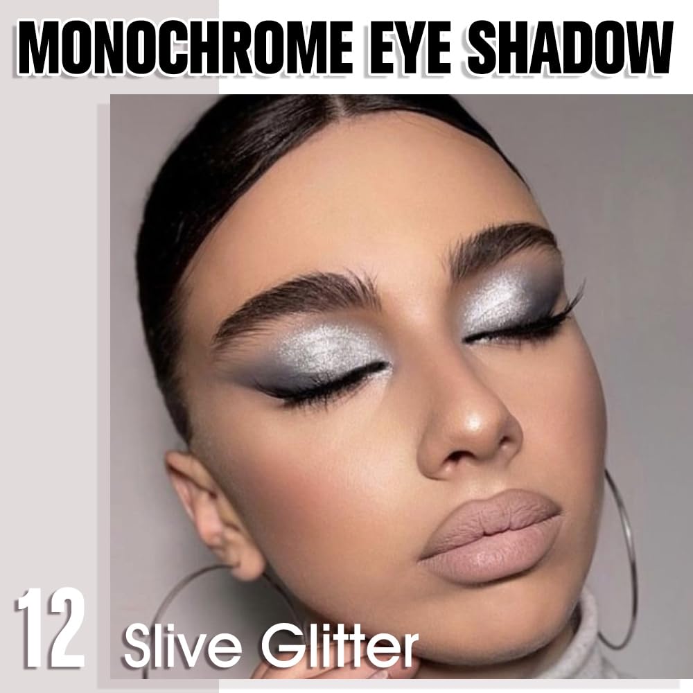 Single Glitter Shimmer Sparkle Eye shadow Palette Makeup, Slive Glitter Eyeshadow for Women, Pigmented Waterproof Sombras Para Ojos, Vegan, Talc, Paraben & Cruelty Free, 12